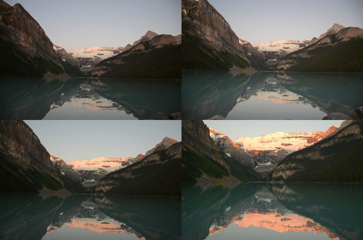 19 First Rays Of Sunrise Quickly Burn Mount Victoria Yellow Orange Reflected In The Still Waters Of lake Louise